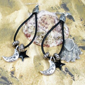 Black Leather Cord Celestial Silver Moon and Star Dangle Earrings