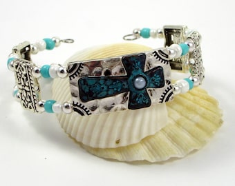 Turquoise and Silver Beaded Cuff Bracelet With Cross Focal Bead