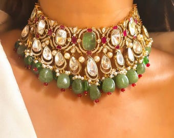 Gold Plated Kundan Choker Necklace with Polki Moissanite and Ruby Emerald Earrings