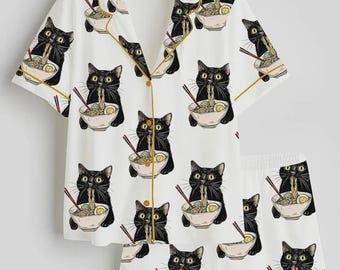 Personalized Noodle Cat Satin Pajama Set, Funny Women's Sleepwear