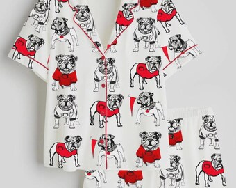 Bulldog Print Satin Pajama Set for Women, Short Sleeve Sleepwear, Cute Sporty Loungewear