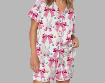 Pijama de satén con diseño de conejo de Pascua para mujer, ideal para primavera, con estampado floral, ideal como regalo.