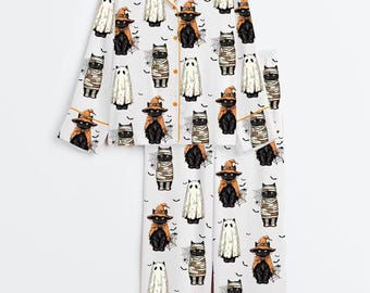 Damespyjama met lange mouwen, zwarte kat, pompoen en spookmotief, gemaakt van zijdezacht satijn, schattige kattenpyjama voor de herfst, griezelig Halloween-cadeau