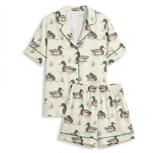 Pyjamasset i satin med ankmönster, söta djurpyjamasar med kort ärm, silkeslena nattkläder med knappar, sommarloungeset för kvinnor, present till henne bild 3