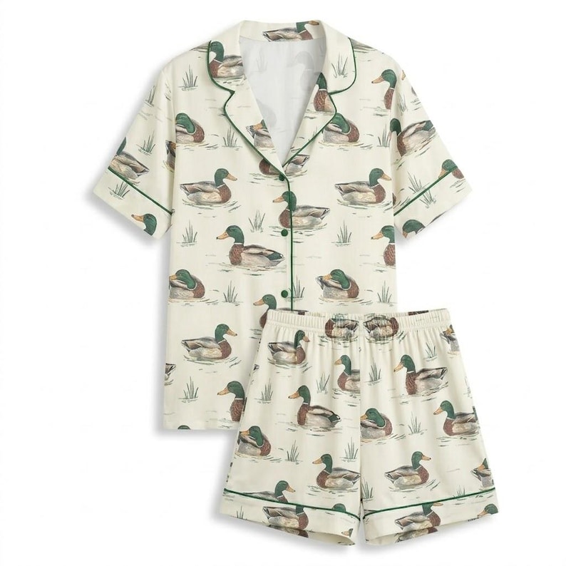 Pyjamasset i satin med ankmönster, söta djurpyjamasar med kort ärm, silkeslena nattkläder med knappar, sommarloungeset för kvinnor, present till henne bild 3