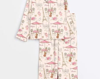 Women’s Bonjour Paris Eiffel Tower Travel To France Sister Party Coffee Long Sleeve Satin Pajama Set