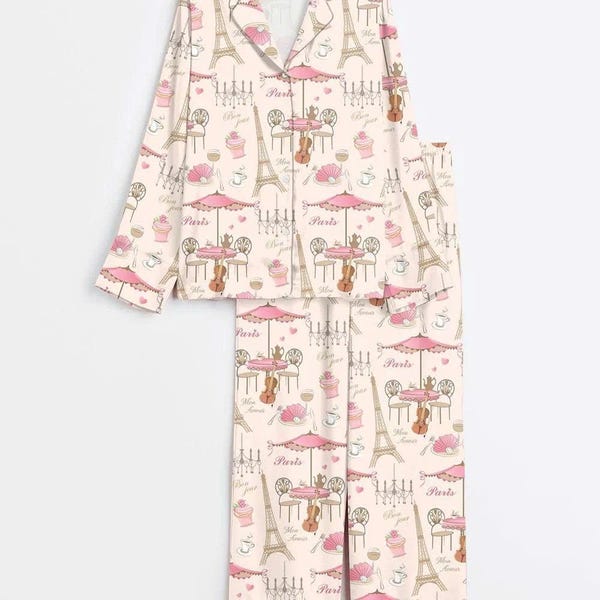 Women’s Bonjour Paris Eiffel Tower Travel To France Sister Party Coffee Long Sleeve Satin Pajama Set