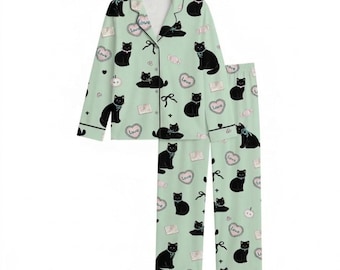 Svart katt satin pyjamaset, unisex heltäckande mönstrade pyjamasplagg