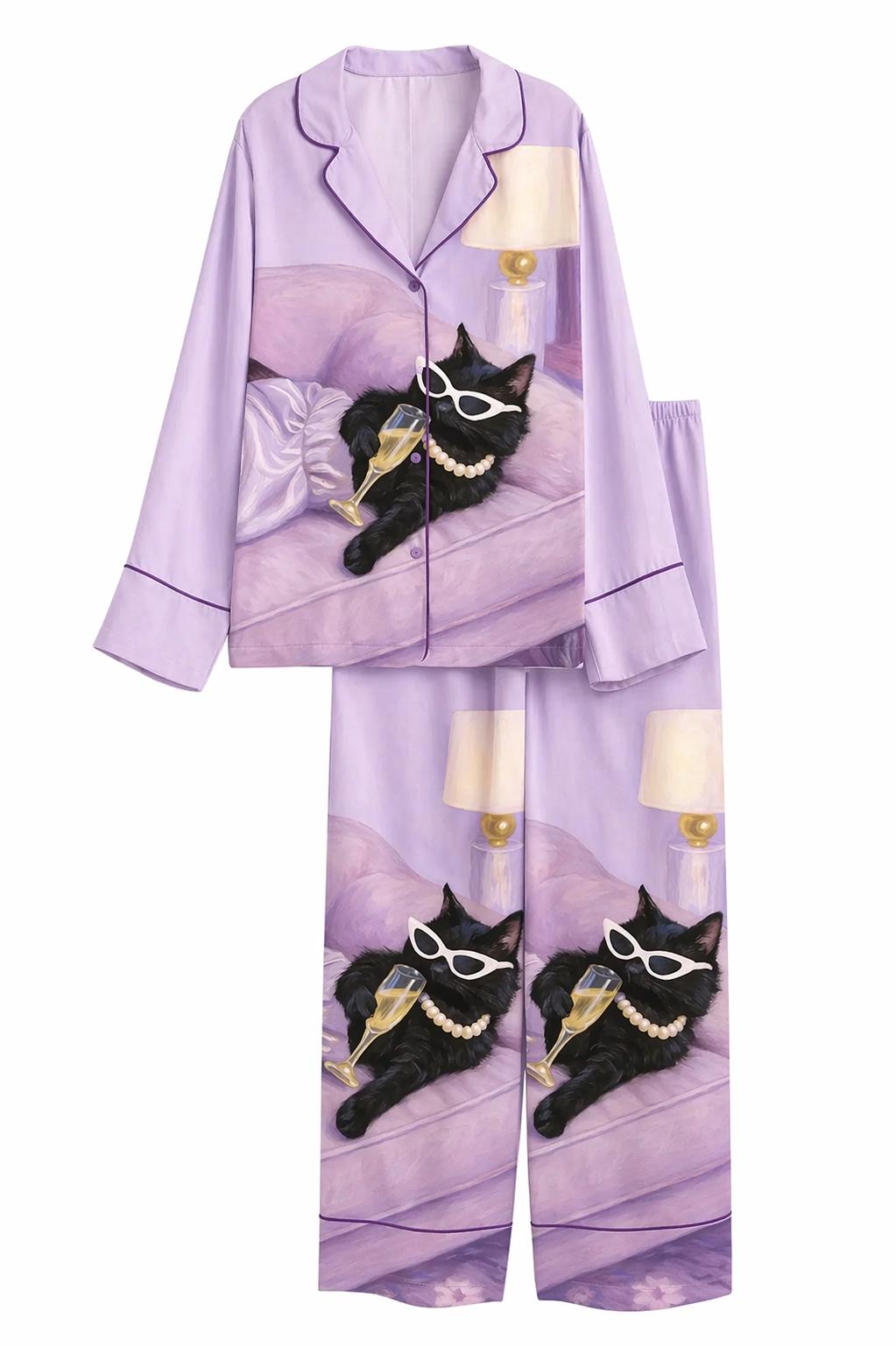 Cat Print Satin Pajama Set, Women's Sleepwear Lounge Pajamas - Etsy