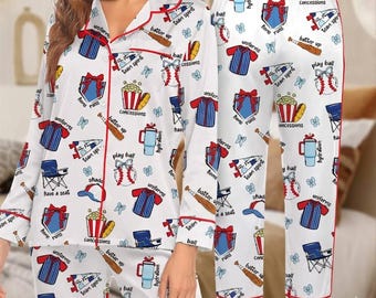 Pijamas para mamás beisboleras, pijamas de satén para el día del partido, conjunto de pijamas para el día del partido, pijamas de satén de manga corta, pijamas cómodos para mujer con estampado integral.