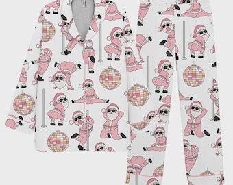 Pink Dancing Santa Pajama Set, Funny Christmas Sleepwear for Women, Cute Holiday Lounge PJs