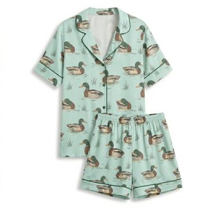 Pyjamasset i satin med ankmönster, söta djurpyjamasar med kort ärm, silkeslena nattkläder med knappar, sommarloungeset för kvinnor, present till henne bild 2