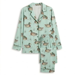 Pyjamasset i satin med ankmönster, söta djurpyjamasar med kort ärm, silkeslena nattkläder med knappar, sommarloungeset för kvinnor, present till henne 1