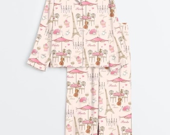 Damen Bonjour Paris Eiffelturm Reise nach Frankreich Schwester Party Kaffee Langarm Satin Pyjama Set