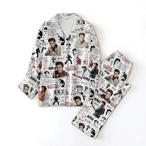 Elviss Rock and Roll King pyjamasset, vintage musikikon långärmade nattkläder, retro loungeset, brudtärnepyjamas, musikälskarepresent WHITE