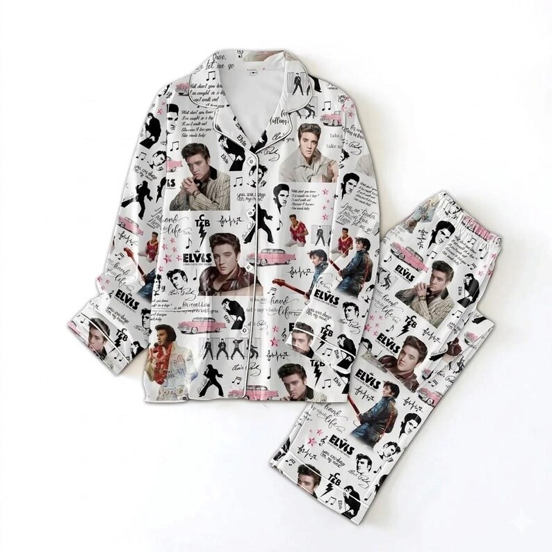 Elviss Rock and Roll King pyjamasset, vintage musikikon långärmade nattkläder, retro loungeset, brudtärnepyjamas, musikälskarepresent WHITE