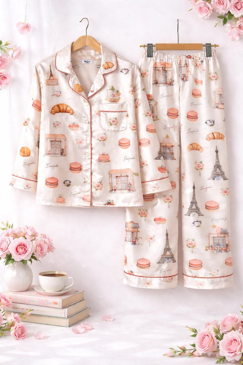 May include: Cream-coloured pyjama set with a Parisian theme. The set includes a button-down shirt and trousers, both decorated with illustrations of the Eiffel Tower, croissants, macarons, and floral accents. The trim is a reddish-brown colour.