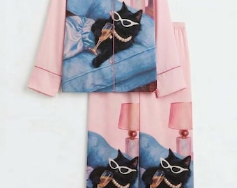 Rosa katt-satinset, söta svarta katt-sovkläder, loungepyjamas för kvinnor, vintersovkläder