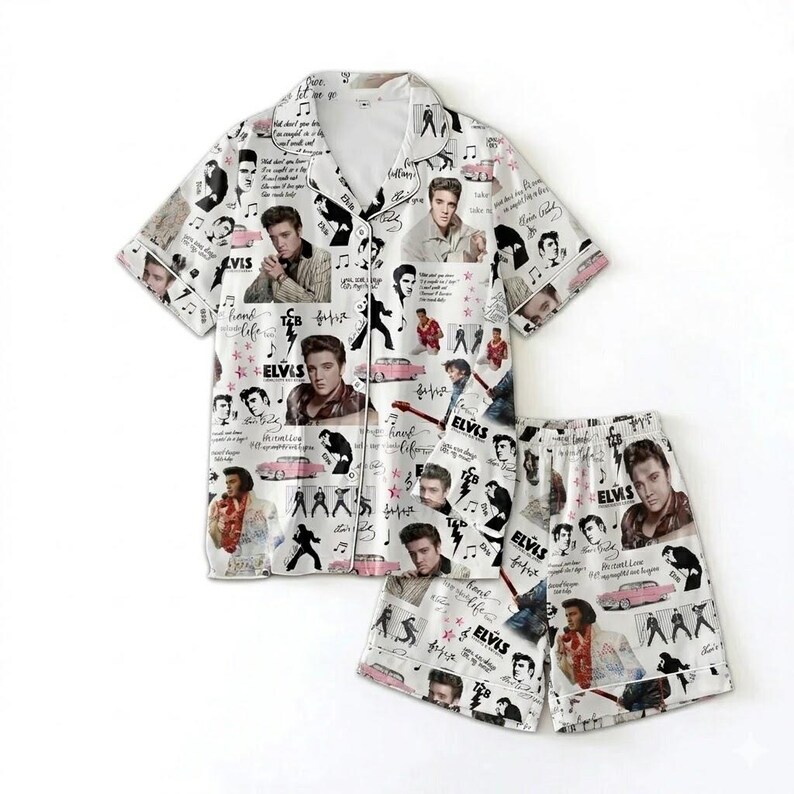 Elviss Rock and Roll King pyjamasset, vintage musikikon långärmade nattkläder, retro loungeset, brudtärnepyjamas, musikälskarepresent bild 3