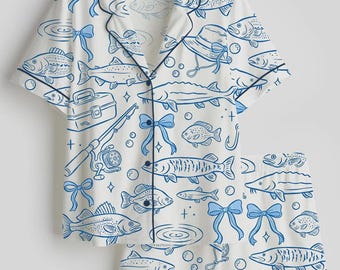 Coquette Fiske Satin Pyjamas Set, Naturälskare Utomhus Silkeslena Sovkläder, Söt Kustflicka Kortärmad Pyjamas Gåva