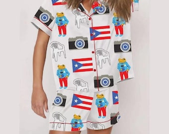 Conjunto de pijama com estampa de bandeiras, respirável para o verão, com mangas compridas, ideal para dormir e relaxar.
