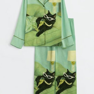 Katzen Print Satin Pyjama Set, Damen Nachtwäsche Lounge Pyjamas
