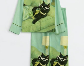 Grön katt satin pyjamaset, söta svarta kattsömnadskläder, loungepyjamas för kvinnor, vintersömnadskläder
