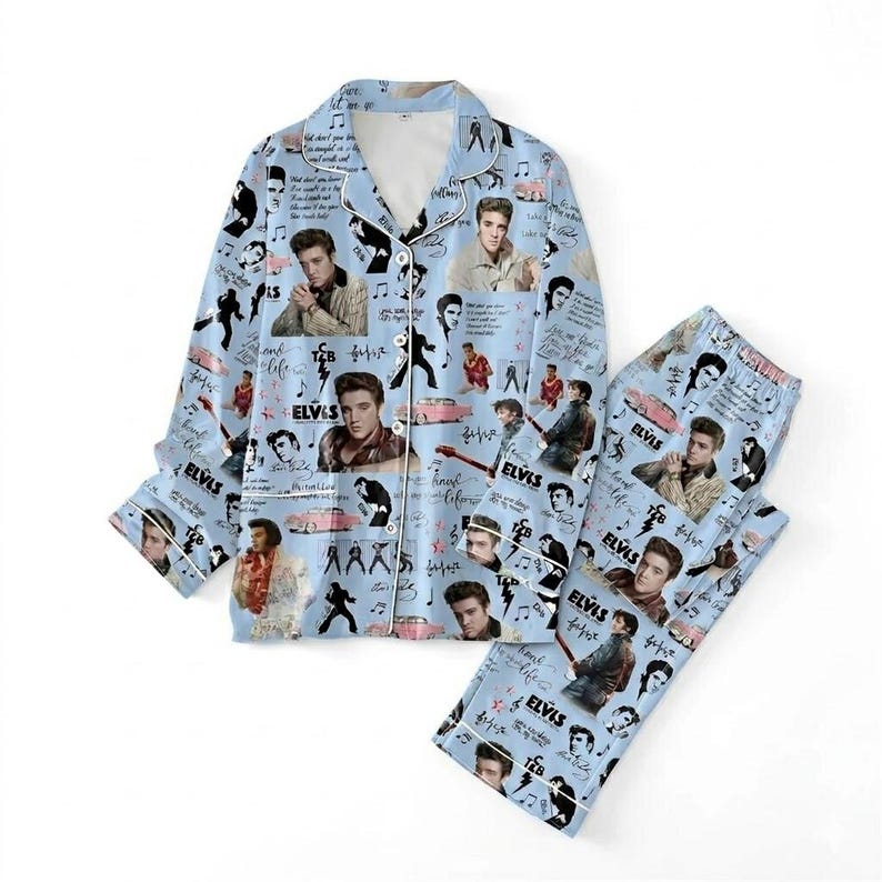 Elviss Rock and Roll King pyjamasset, vintage musikikon långärmade nattkläder, retro loungeset, brudtärnepyjamas, musikälskarepresent BLUE