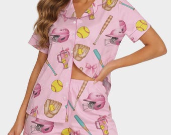 Softbollpyjamasset för kvinnor, baseboll kortärmade nattkläder med knappar, söta sportpyjamasar med shorts och loungewear