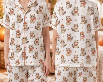 Pijama de satén de mapache otoñal para mujer: bonito pijama de otoño, corto y largo, ideal como regalo.