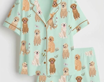 Personligt Golden Retriever-pyjamaset, Satin-sovkläder för hundälskare, Pastellgröna loungekläder