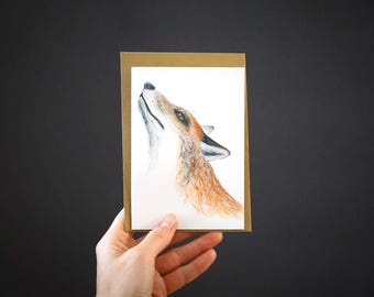 Fox Watercolor Greeting Card,  Woodland Animal Illustration for Birthdays, Holidays, and Nature Lovers