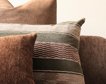 Luxury Decorative Pillow Set, Mocha Brown Olive Green Striped Lumbar Covers