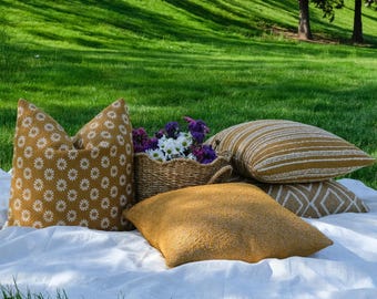 Mustard Floral Outdoor Pillow Covers, Water Repellent Patio Cushions (Set of 4)