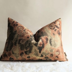 Decorative throw pillow with artistic earthy pattern in terracotta, olive and brown, handmade accent cushion for modern interiors