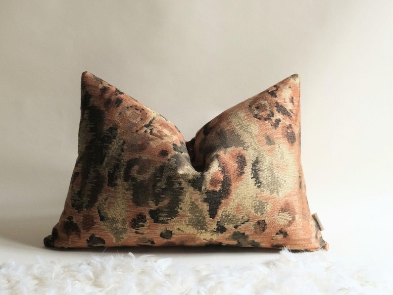 Decorative throw pillow with artistic earthy pattern in terracotta, olive and brown, handmade accent cushion for modern interiors