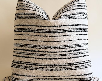 Black Cream Striped Outdoor Pillow Cover, Textured Woven Patio Cushion, Yacht Balcony Decor