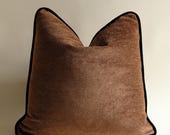 Chenille Pillow Cover with Black Piping, Caramel, Espresso, Greige Cushion