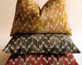 Handmade Ikat Decorative Pillow Cover - Yellow,Green,Red - Cotton/Linen Textured Fabric