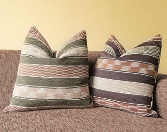 Brown Olive Green Striped Pillow Covers, Recycled Polyester Woven Cushion Set