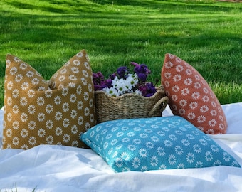 Outdoor Floral Pillow Covers, Set of 3, Coral, Mustard, Baby Blue, Water-Resistant