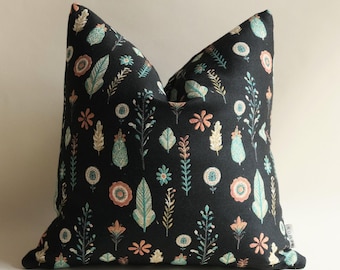 Black Botanical Floral Pillow Cover, Whimsical Nature Decorative Cushion
