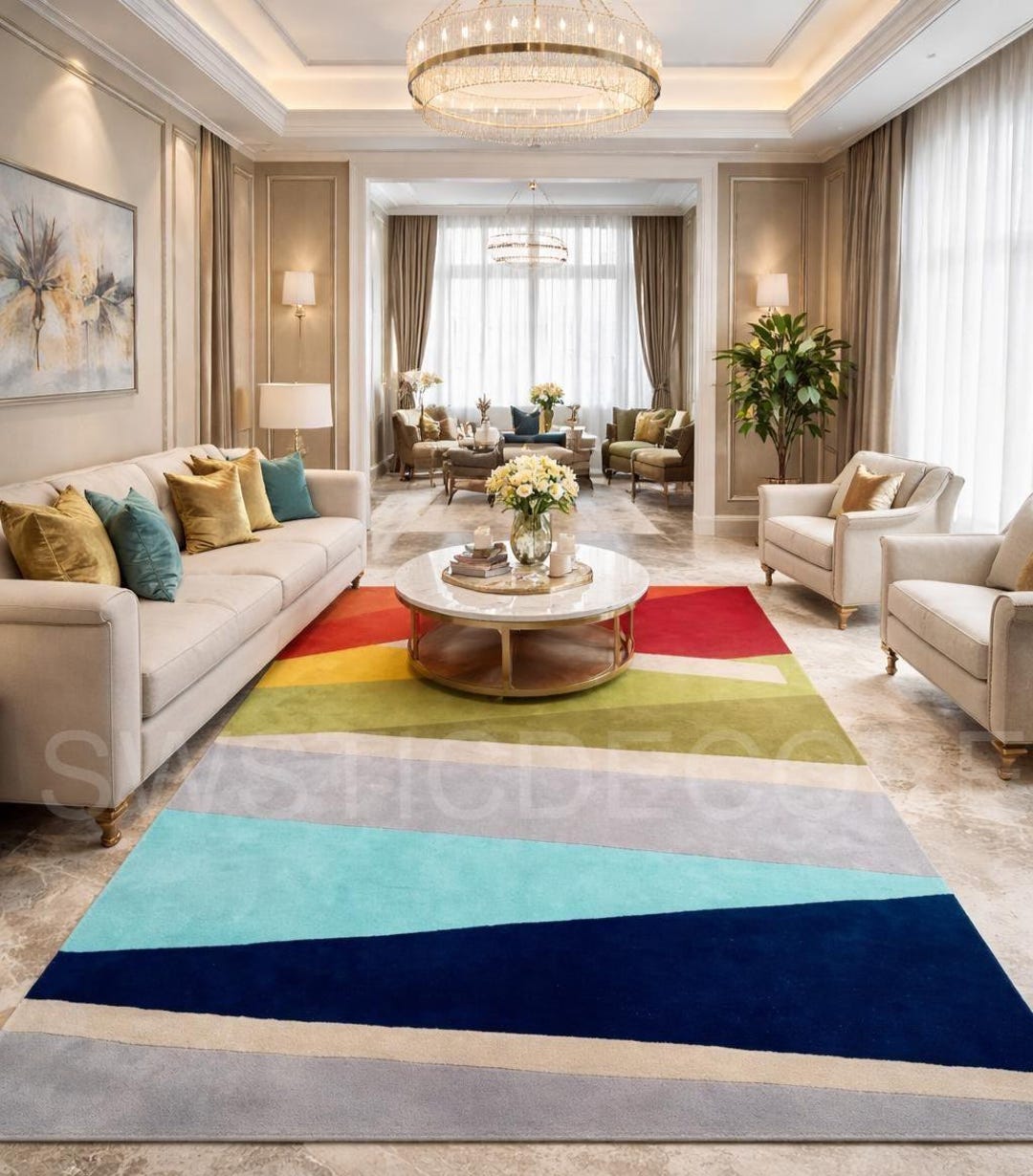 Modern Luxury Color Block Area Rug – Multicolor Striped Abstract Carpet ...