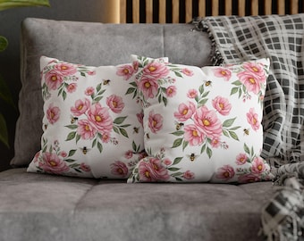 Fronha com estampa floral de peônias rosa | Decoração Cottagecore em aquarela