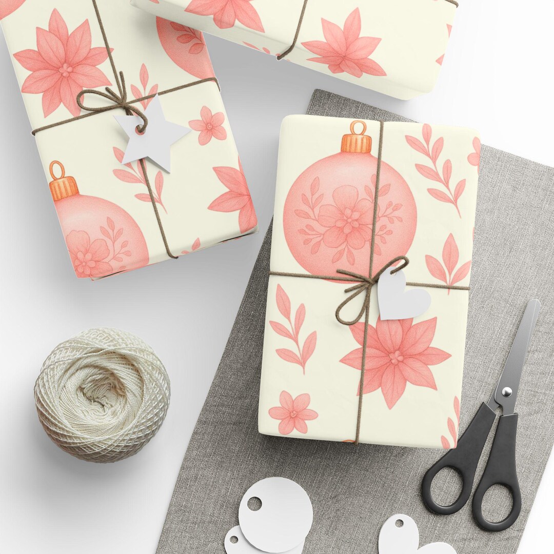 Pink Floral Christmas Gift Wrap | Blush Ornament Wrapping Paper - Etsy