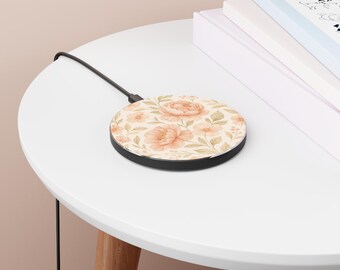 Cargador inalámbrico con diseño floral de durazno / Cargador de teléfono con diseño de rosa botánica