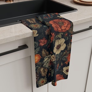 Moody Botanical Tea Towel Dark Academia Kitchenware Vintage Style Cottagecore Hostess Gift For Chef Rustic Drying Cloth