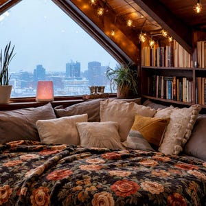 Puede incluir: Acogedor dormitorio abuhardillado con una gran ventana con vistas a un paisaje urbano. La cama está cubierta con una manta con estampado floral y varias almohadas. Luces de cadena y una estantería contribuyen a la atmósfera cálida.