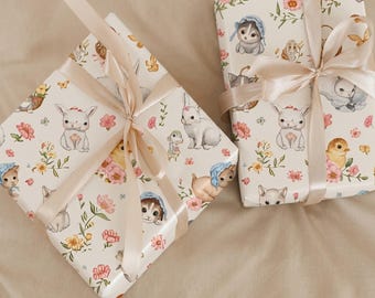 Papel de regalo vintage con gatito en acuarela para bebé, papel de regalo infantil con animales de cuento, empaque de conejito de Pascua floral en tonos pastel, primer cumpleaños