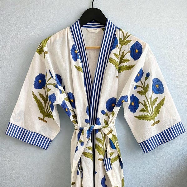 100% Cotton Kimono Robes, Block Print Floral  Bridesmaid  Dressing Gown, Summer Nightwear, One Size Kimono